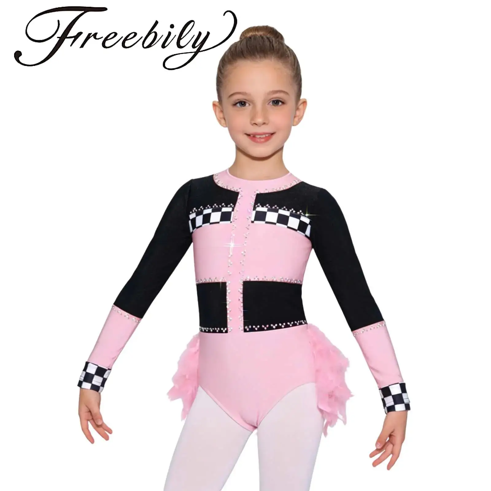 

Kids Girls Layered Feather Leotard Racing Driver Jumpsuit Sparking Rhinestones Zipper Bodysuit Contrast Color Design Leotard