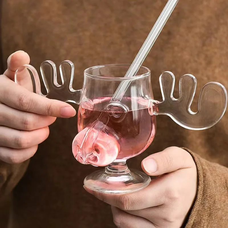 Creative Cocktail Glass Christmas Reindeer Glass Glass Reindeer Cup Antler Cup Wine Glass Christmas Gift