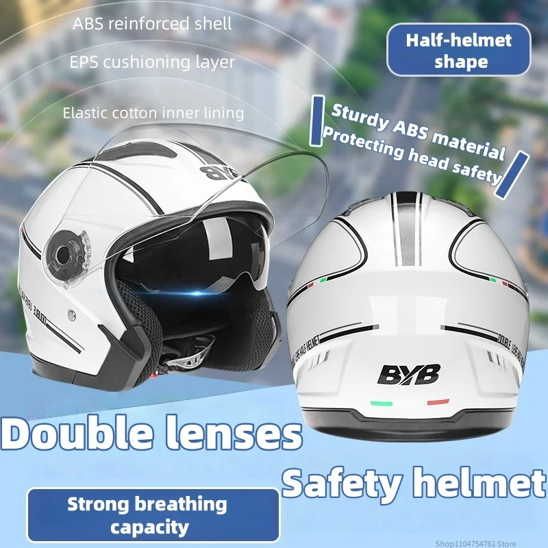 

Open-style motorcycle helmet, equipped with double-layer sunshade. Suitable for both men and women, applicable in all seasons.