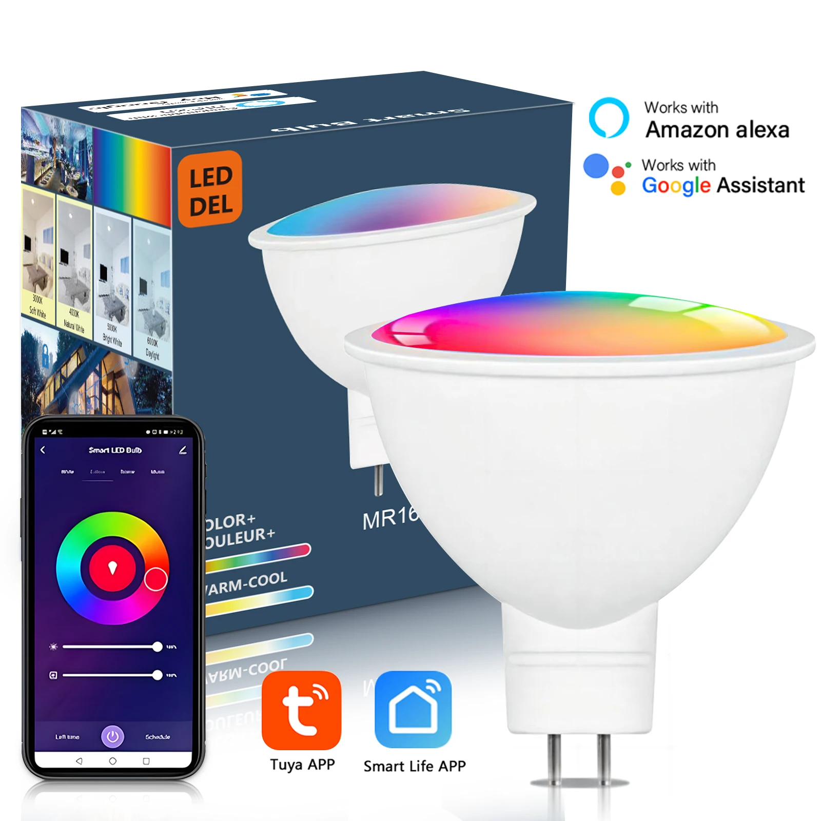 Smart MR16 LED Bulbs Dimmable Color Changing 12-Volt Gu5.3 Bi-Pin Base RGB LED Bulb Works With Alexa Adjustable 16 Million Color