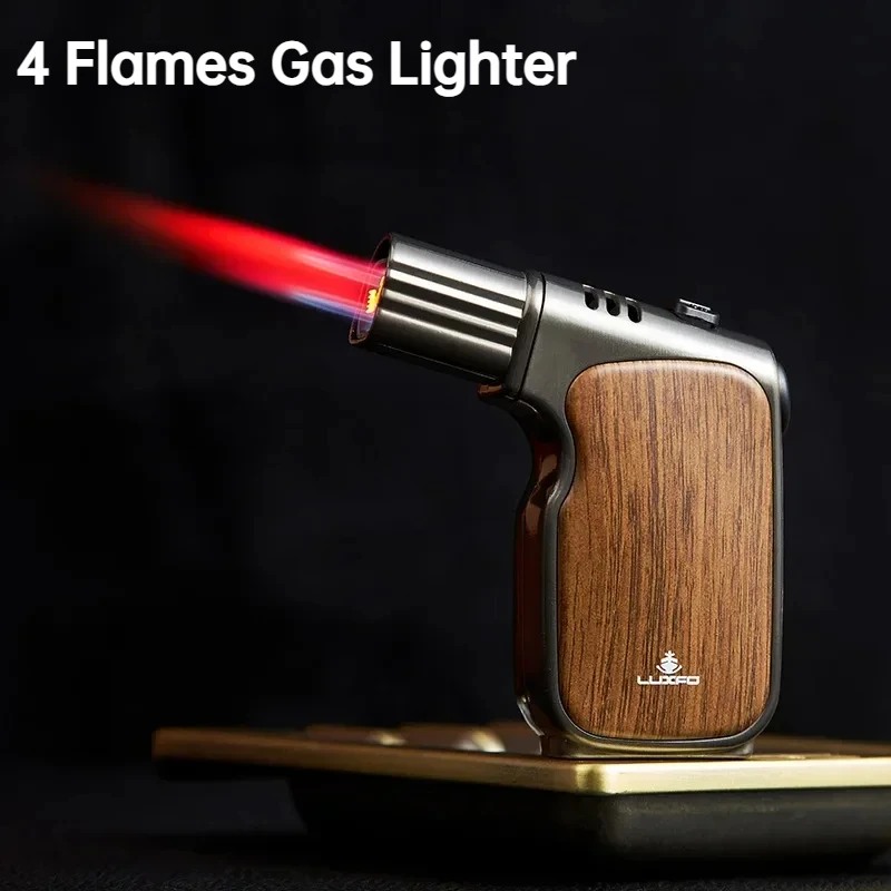 Windproof Butane Gas Lighter 4 Flame Torch Metal Multipurpose High Temperature Welding Gun Inflatable Lighter Men's Somking Tool