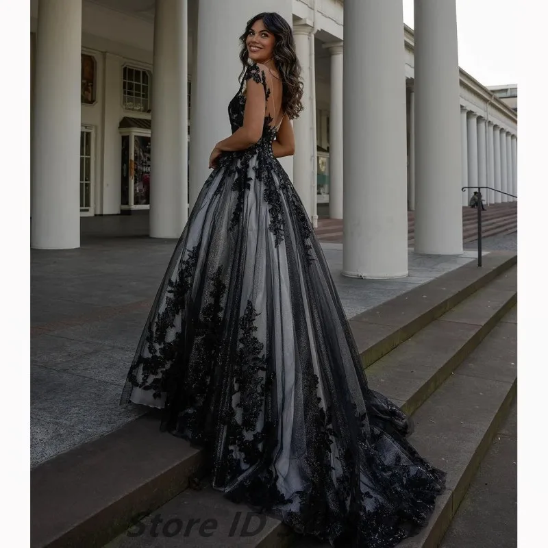 Sevintage Black A Line Tulle Wedding Dress Women Illusion Neck Cap Sleeve Bride Party Dress Applique Bridal Gown 2025 Customized