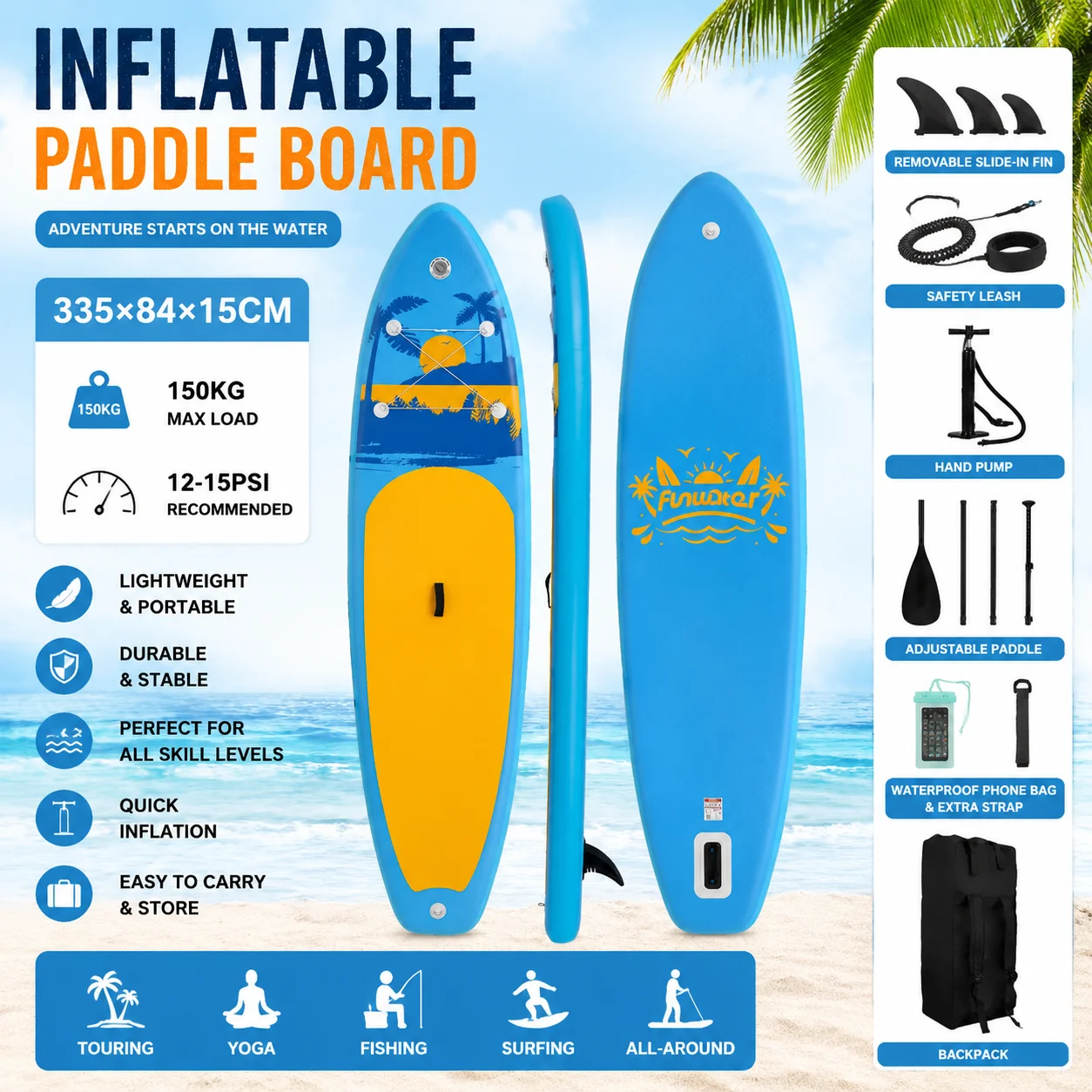 Planche à pagaie gonflable Funwater, taille 335x83x15 cm, antidérapante, SUPFW31E, ultra-légère, en PVC, adaptée au yoga pour adultes, à la pêche, aux voyages et aux sports nautiques.