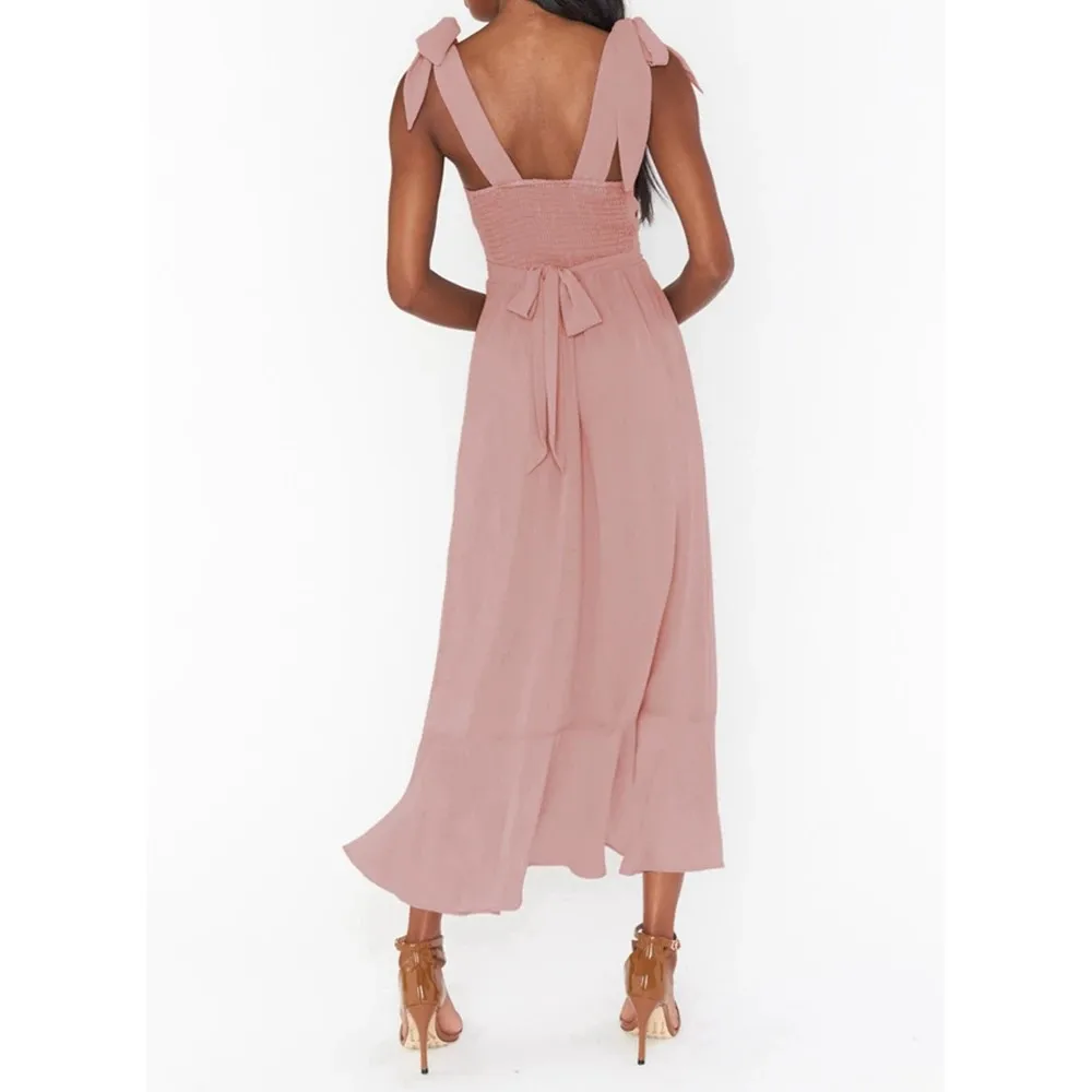 

Women's Sexy Lace-up Spaghetti Strap A Line Maxi Dress with Belt Evening Gowns Female Slim Party Bridesmaid Hem Split Long Dress