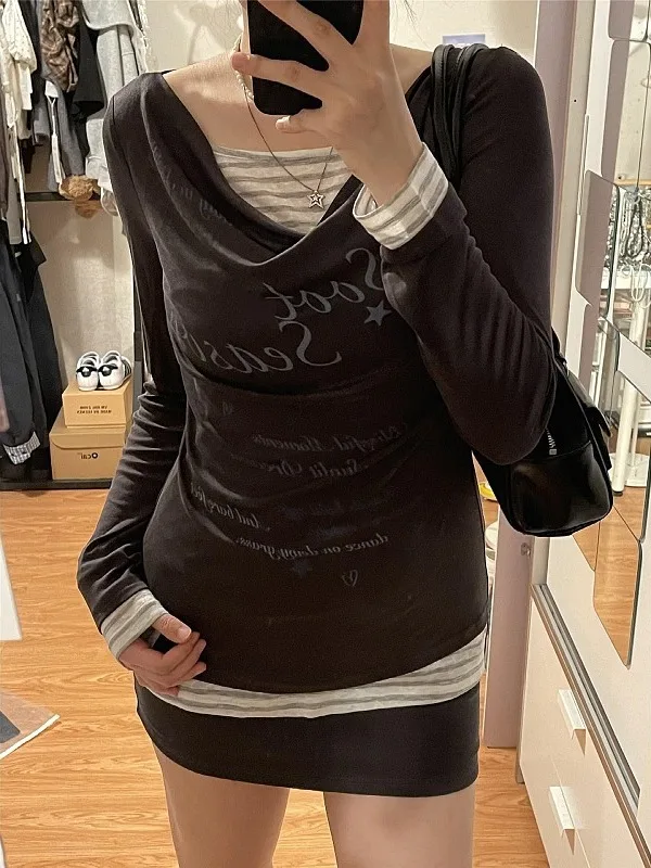 

Женская футболка больших размеров Long Sve с буквенным принтом, корейский утягивающий модный топ для девочек, осеннее новое поступление, повседневная уличная футболка...