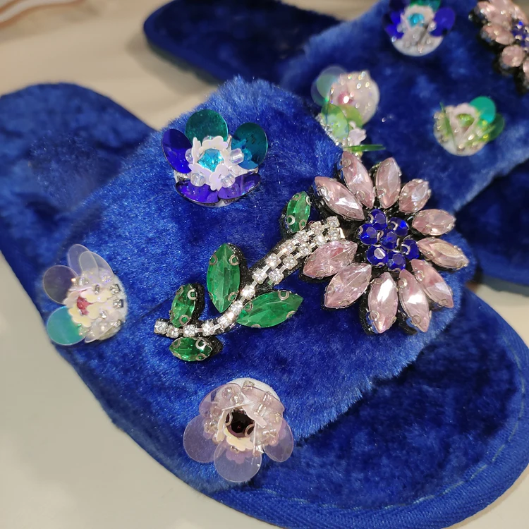 Royal Blue Velvet Rhinestone Flower Studs Slipper Peep Toe Comfortable slip on Crystal Sequins Flowers Slide Shoes