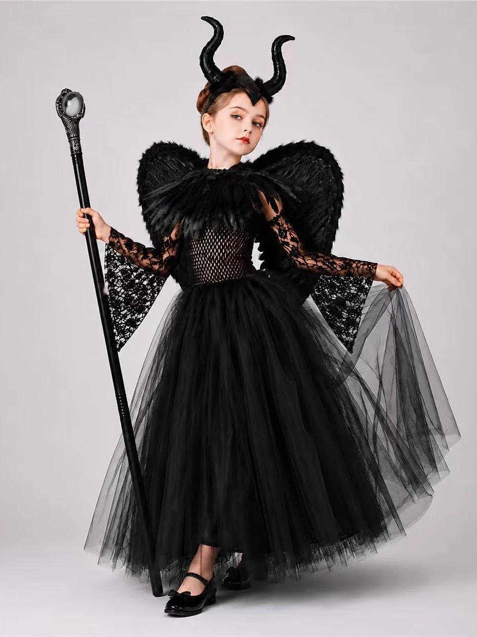 Mädchen Kostüm Dunkle Gefallene Engel-Königin, Spitzen-Tüllkleid, Horn-Stirnband, Federflügel, Zepter, Halloween-Karneval-Kinder-Cosplay-Outfit – Detail 11