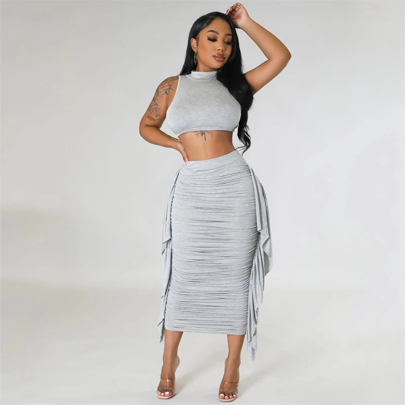 Znaiml Elegant Crop Top and Skirt Club Slim Fit Ruffles Ruched Party Dress Sets Summer Long Skirt Sets for Women 2 Piece Outfit