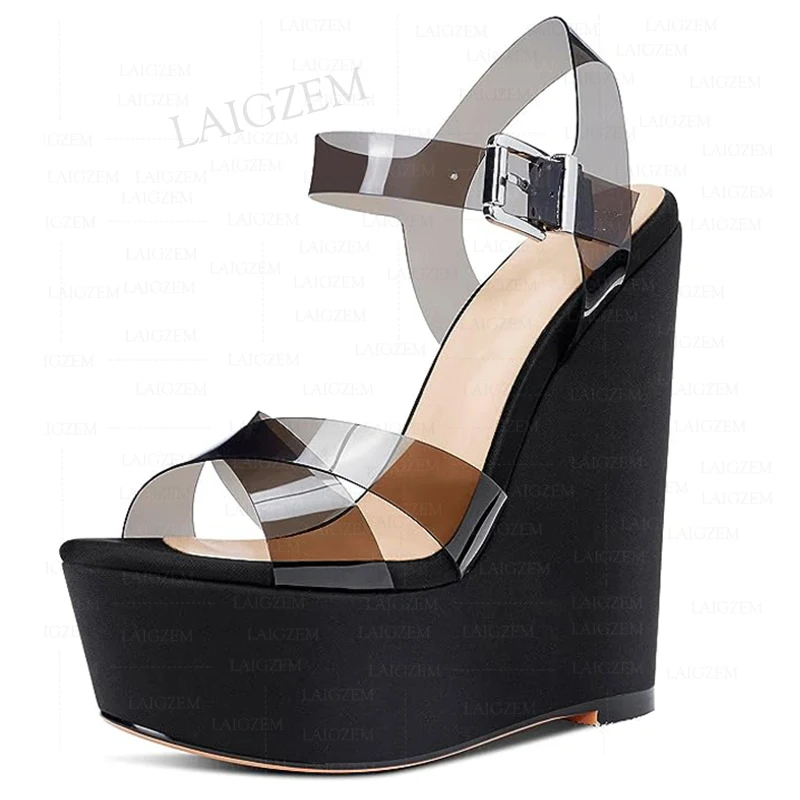 BERZIMER Women Pumps Platform Wedges PVC See Through Sandals Ankle Strap Height Increase Shoes Woman Large Size 38 40 44 45 52