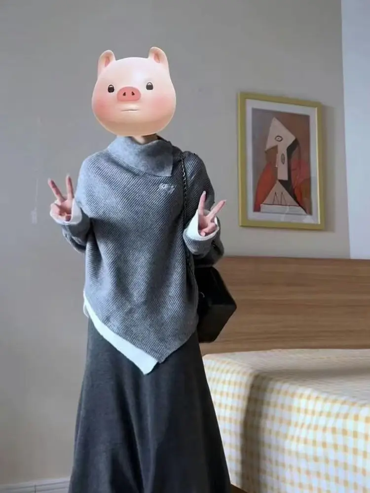 

Korean Style High Neck Long Sleeve Asymmetric Knitted Sweater Loose Fit Half Skirt Two-Piece Set Fashionable Winter Outfit