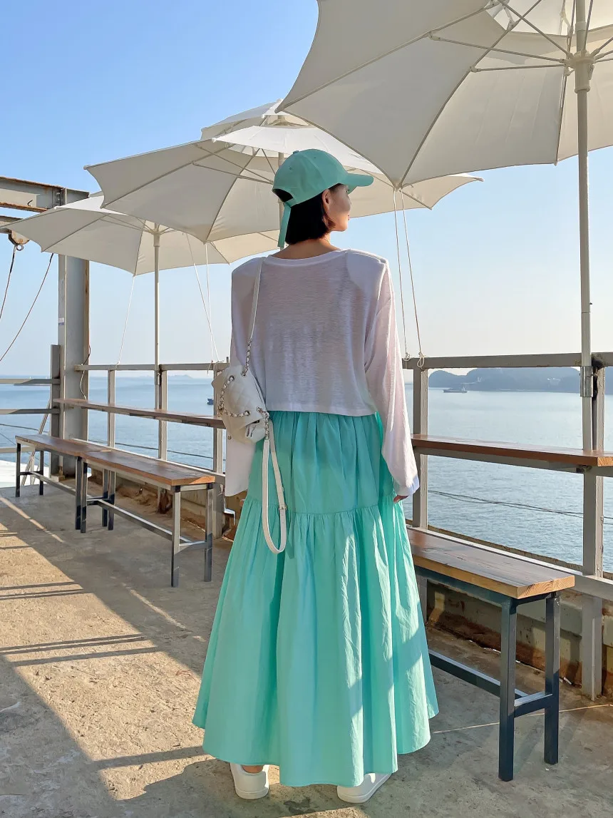 กระโปรงทรงเอพลีทยาวแบบเรโทรสำหรับผู้หญิง ดีไซน์เอวสูง ผ้าโพลีเอสเตอร์ ทรงบานใหญ่ สไตล์เกาหลี