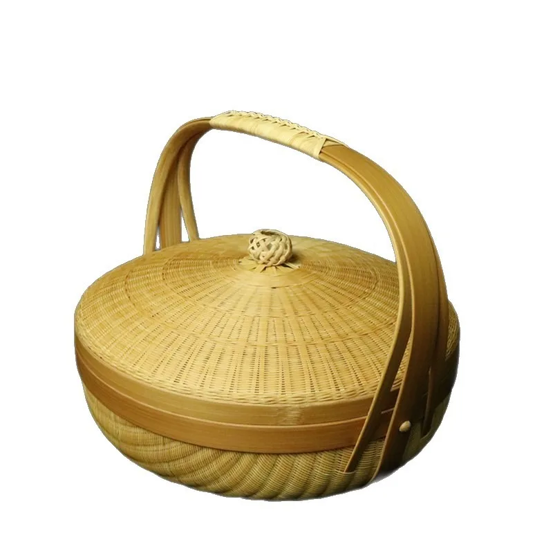 

Pure hand-woven bamboo basket tea set storage basket with lid tea cake box lunch basket intangible culture