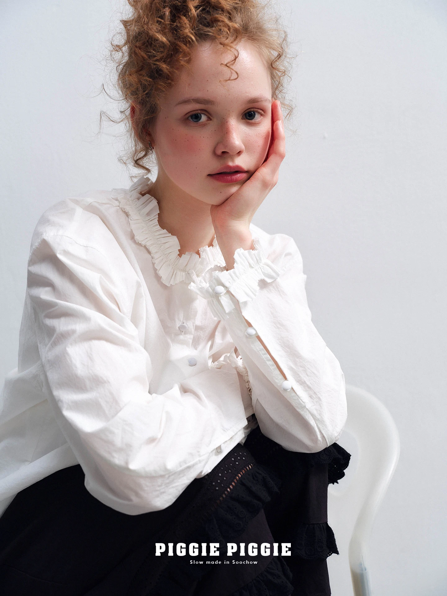 

Japanese Style Long Sleeve Shirt 100% Cotton Long Velvet Wave Ruffle Hem Piggie Piggie Loose Fit Women's Shirt Spring 2026