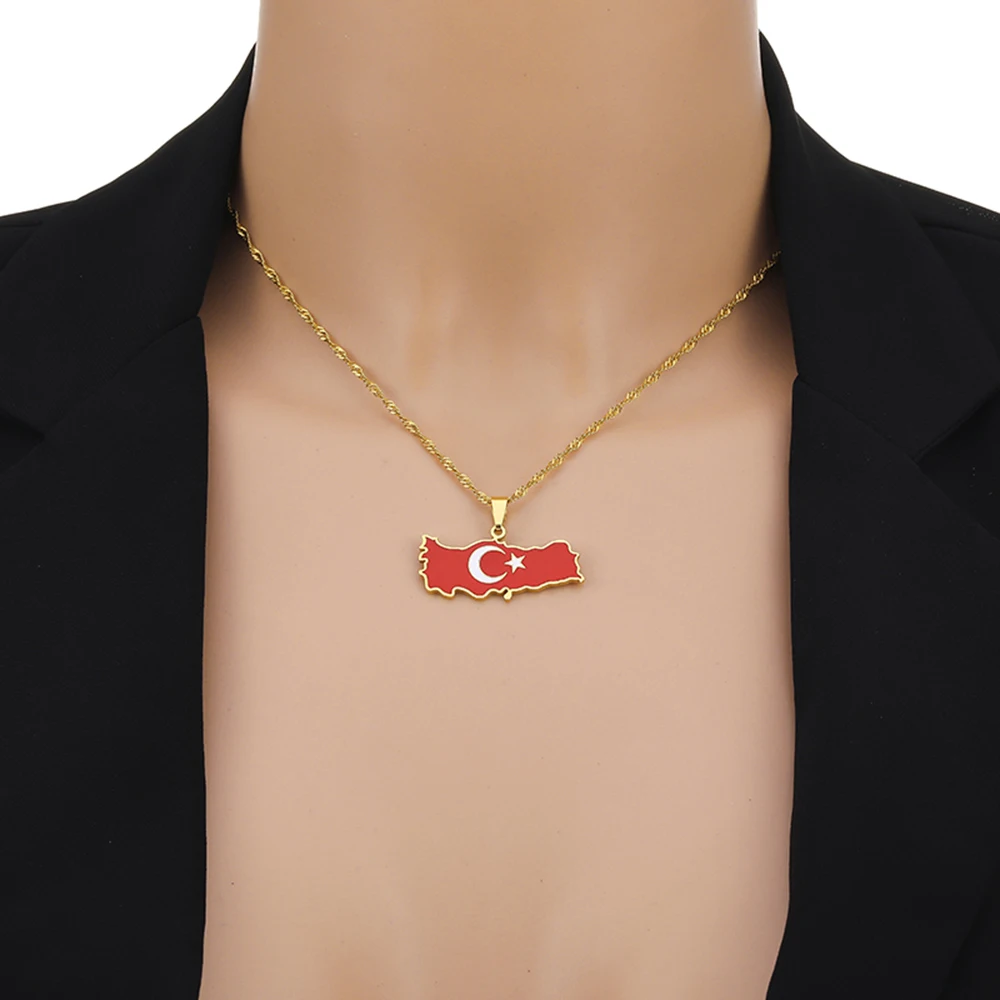 Mode Türkiye Cumhuriyeti Karte Flagge Anhänger Halskette Edelstahl Männer Frauen Karten Schmuck Geschenk – Detail 6