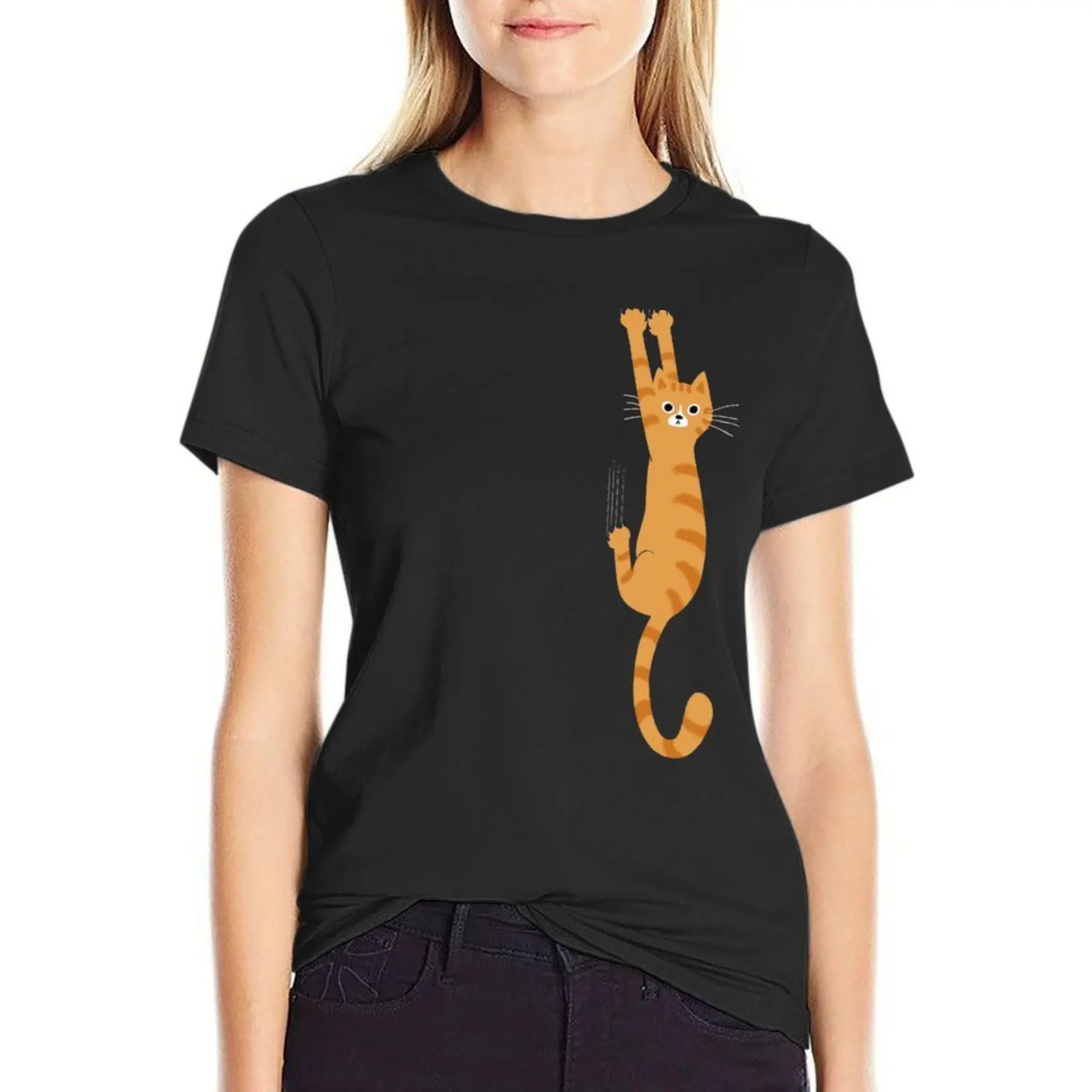 Orange Tabby Cat Hanging On | Funny Striped Cat T-Shirt korean fashion funny plain t shirts for Women