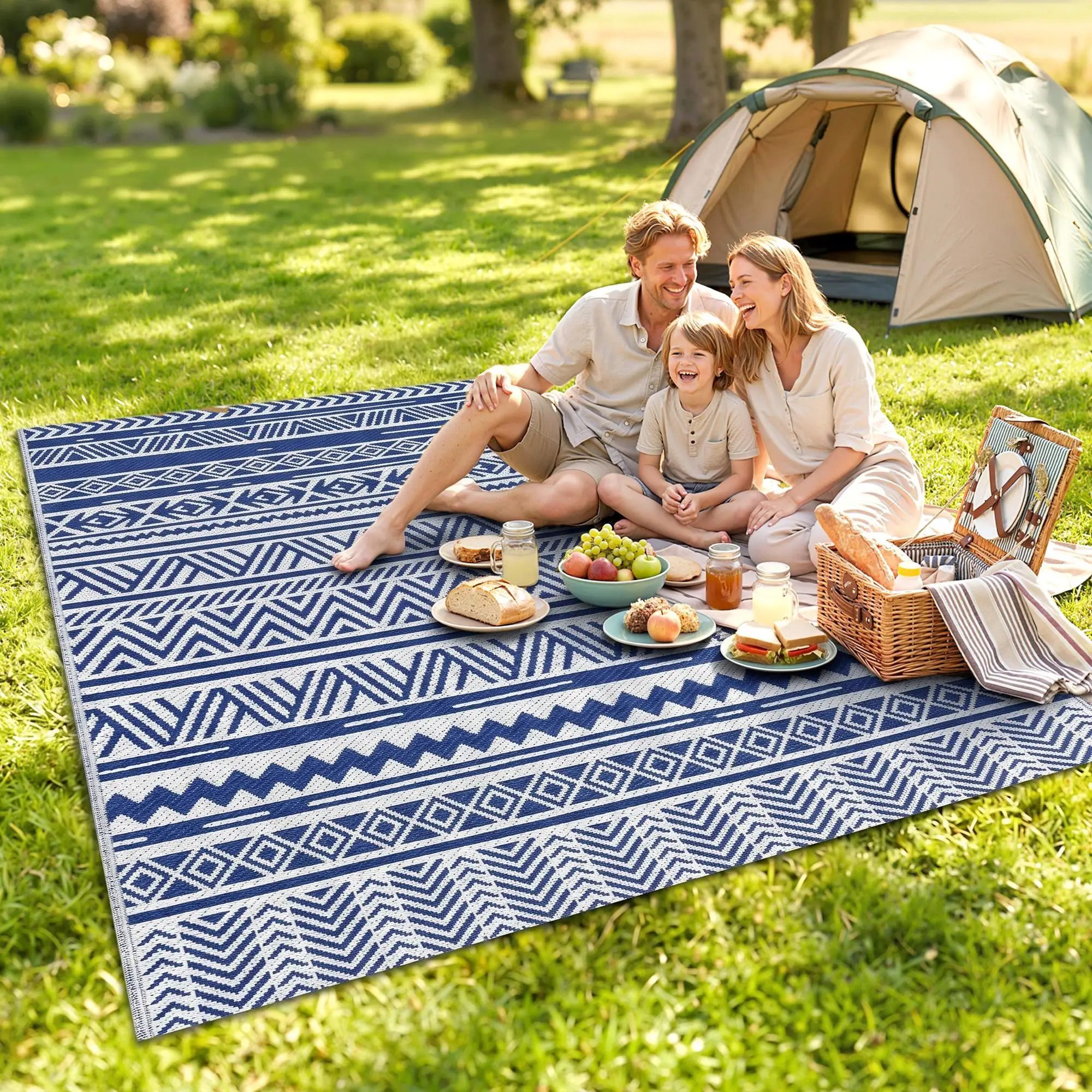 Tapis réversible 182x274cm pour jardin, terrasse, camping, plage, résistant aux intempéries, protection UV, bleu blanc