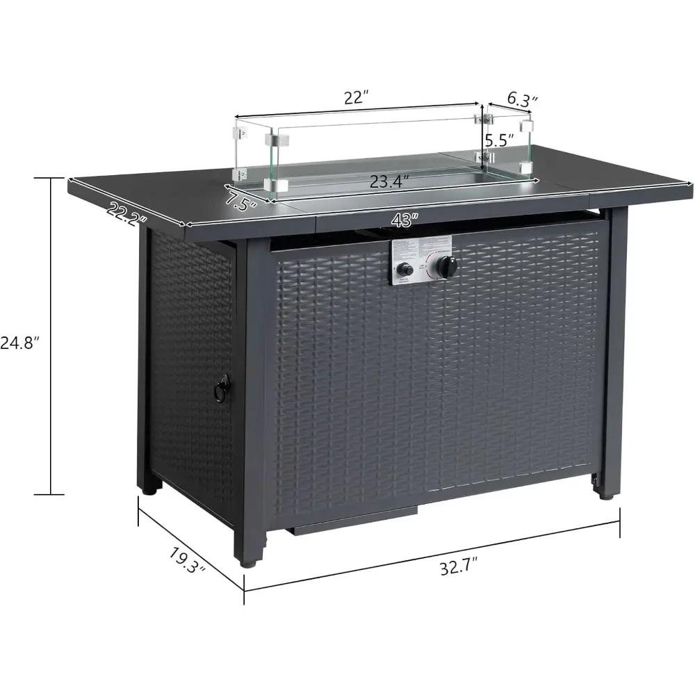 43Inch Fire Pit Table with CSA Certified, Glass Wind Guard, Pits Lid, Auto Ignition, Cover, Rectangle Propane Gas Fire Pit Table