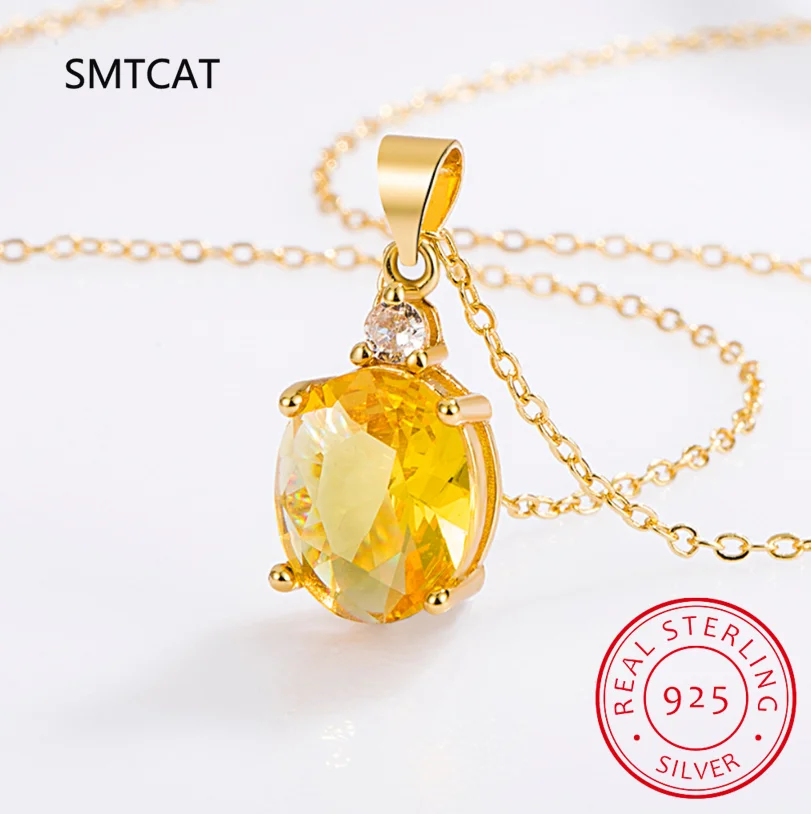 Oval Cut Yellow Genuine Natural Citrine 925 Sterling Silver Pendant Necklace Gemstone Fine Jewelry Choker for Women Gift