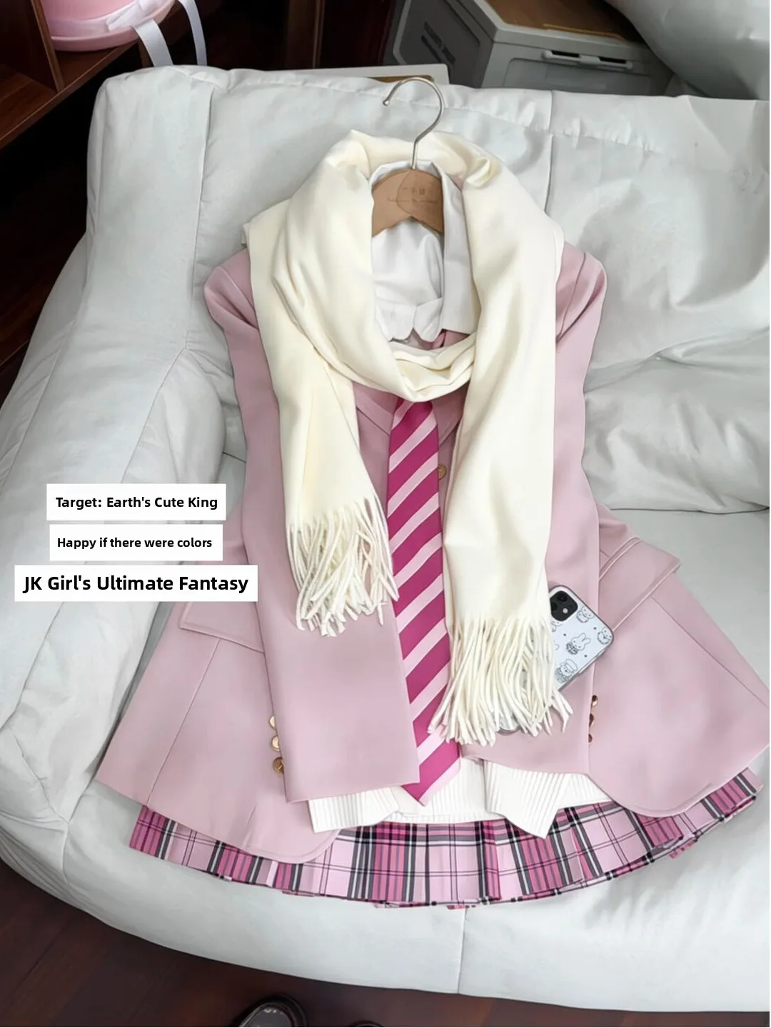 Pink Suit Jacket School Uniform Set Full Set Sweet College Style Women's Fashion Set Autumn Spring Seasonal Ladies' Outfits