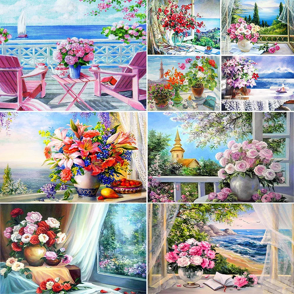 Landscape Flowers Seaside Printed Canvas Cross Stitch Embroidery Kit Painting Handiwork Craft Sewing Magic Wholesale Jewelry