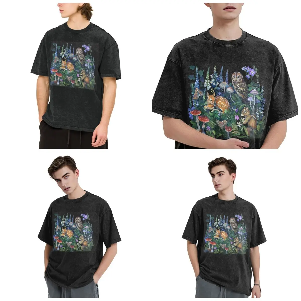 Enchanted Forest Hip Hop Short Sleeve T-Shirts Washed Tops Tees Streetwear T Shirt Cotton for Men Women