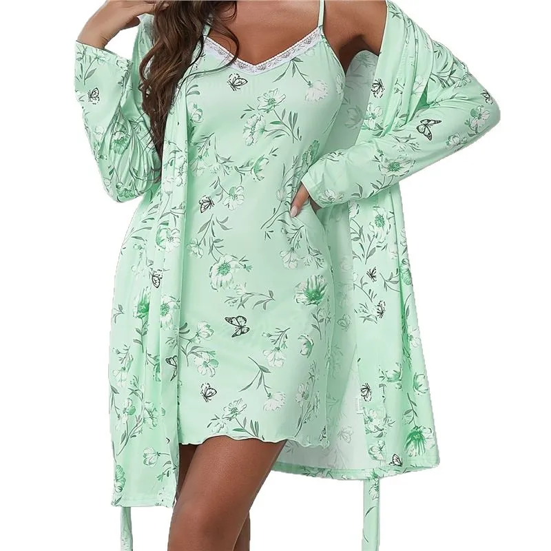 

Printed Camisole Nightdress And Long-sleeved Robe Two-piece Set Lightweight And Breathable Casual And Comfortable Home Wear 8R7G