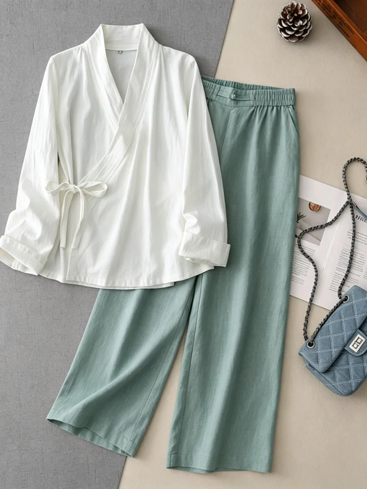 

New Chinese Style Cotton Linen Shirt Tea Costume Women's Summer Casual High Waist Pants Two-Piece Set Breathable Lightweight