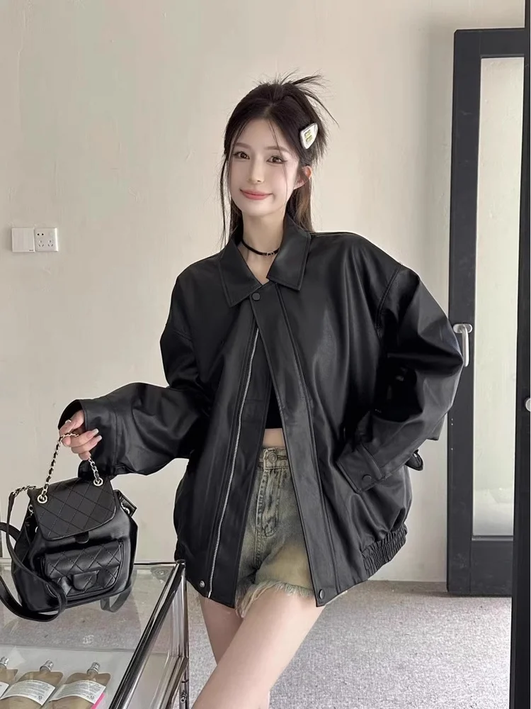 الرجعية الأمريكية براون الجلود Jaet المرأة فضفاضة طويلة Sve Bla بارد دراجة نارية بو الجلود أعلى الشارع Sle تخفيف الرياح