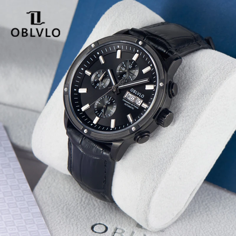 Oblvlo novo esporte masculino relógio mecânico multi-funcional relógio automático pulseira de couro preto relógios safira à prova dwaterproof água