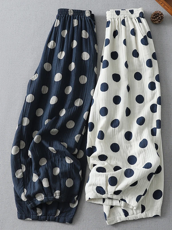 

Summer 2026 plus Size Women's Casual Wide Leg Lantern Pants Cotton Yarn Loose Fit round Dot Print Nine Point Casual Trousers