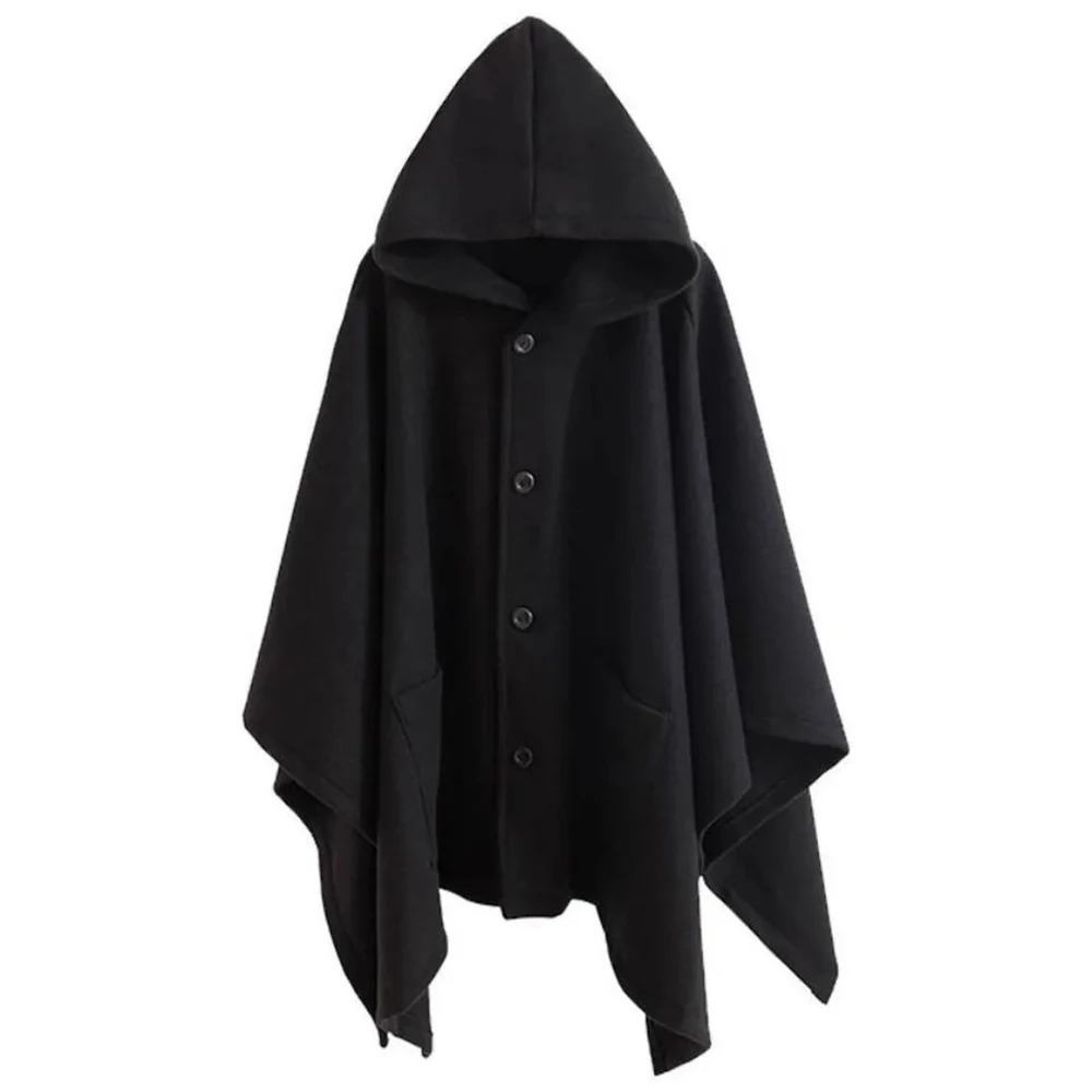 Mens Dark Style Mid-Length Casual Hooded Cape Autumn And Winter Genderless Fashion Retro Loose Solid Color Shawl Cape Unisex