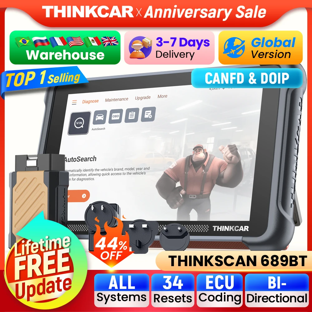 THINKCAR THINKSCAN 689BT Professional Car Diagnostic Tool CANFD DOIP Bi-directional ECU Coding 34 Reset Full System Obd2 Scanner