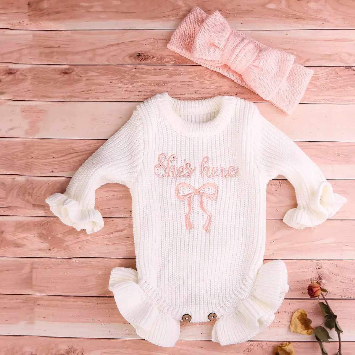 2-delige set gebreide pasgeboren fotografie-outfits met strik hoofdband boog borduurwerk babymeisje ruche romper baby breien trui