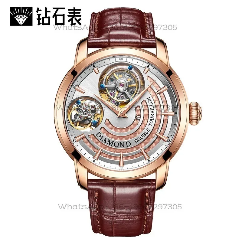 Shanghai diamond high-end brand watch men's mechanical  fashion watch art hollow double tourbillon men's watch genuine