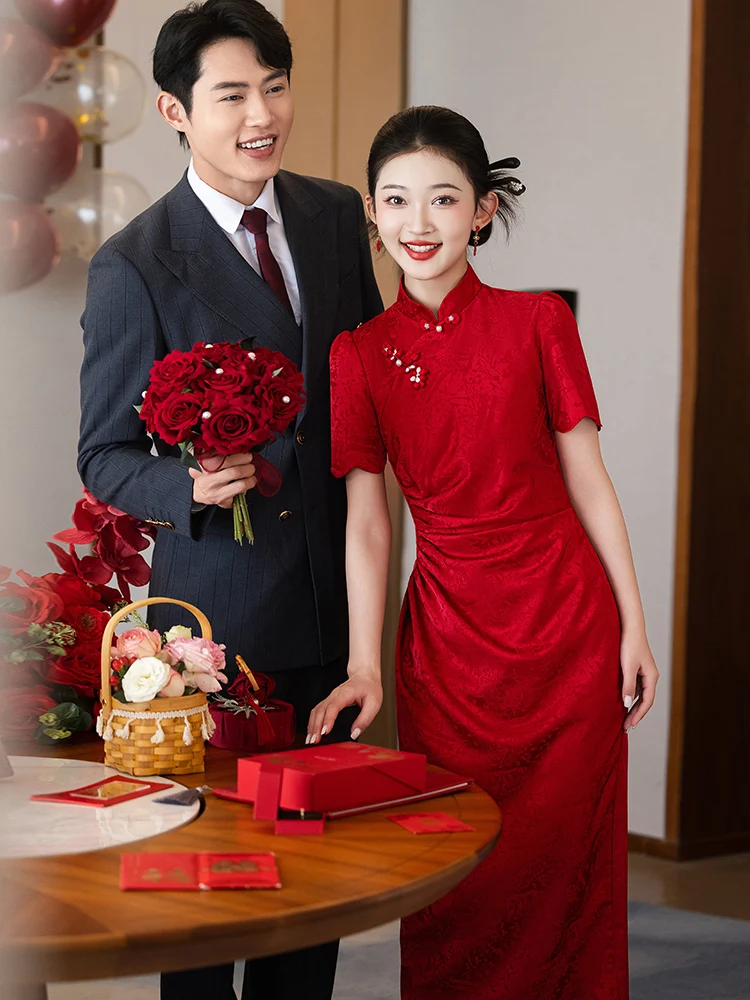 

Stunning Red Chinese Sle Wedding Dr Beautiful Bridal Gown ort Sve mid Waist for Engagement Par Celebration
