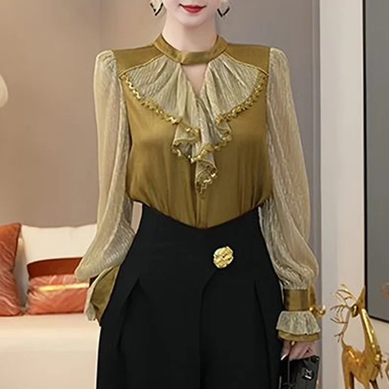 Women Luxury Trendy Ruffles Lace Patchwork Shirt Office Lady Vintage Elegant Harajuku Hollow Blouse Long Sleeve Loose Tops