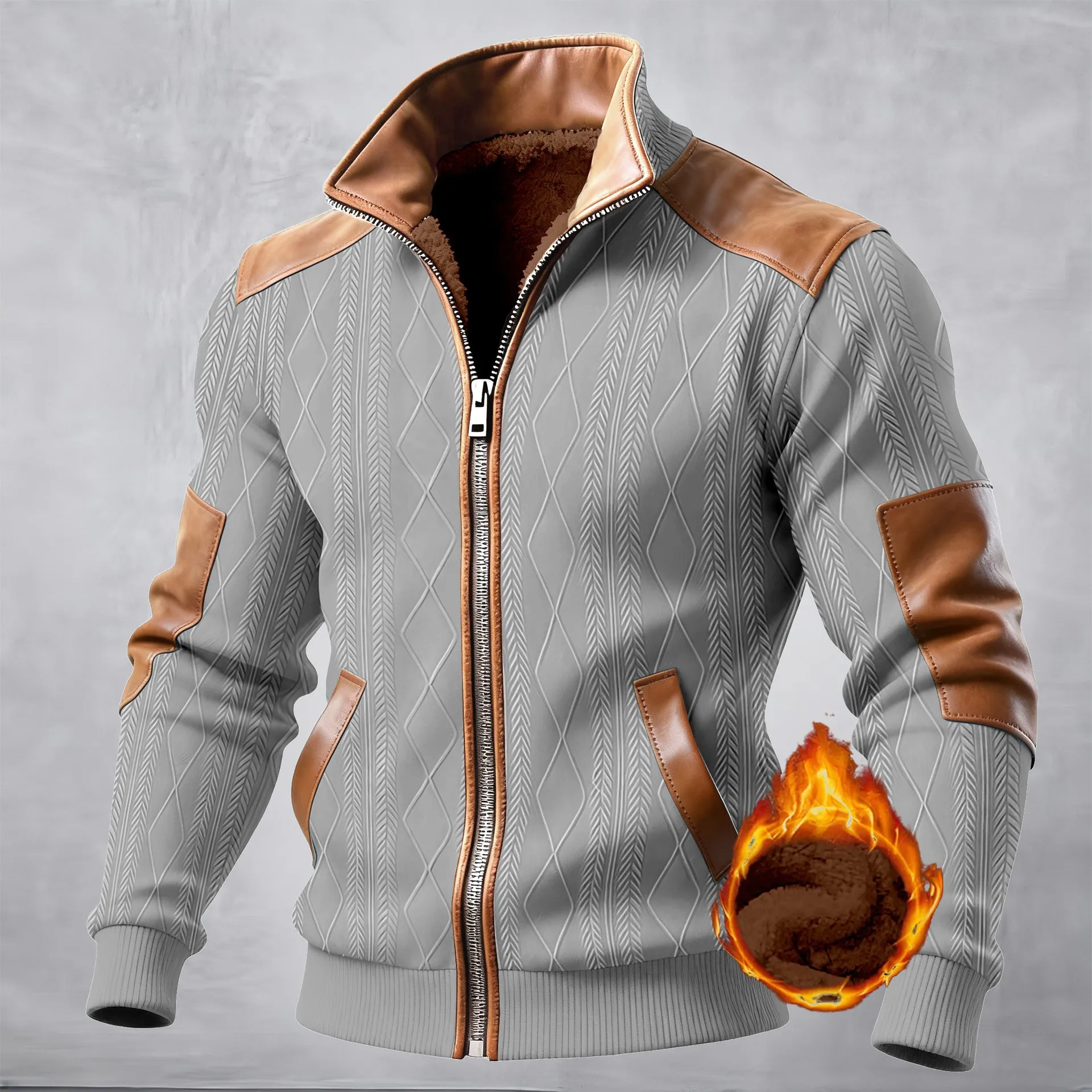 Winterjacke für Herren mit dickem Sherpa-Futter, Reißverschluss, geprägtem Jacquard-Gewebe, PU-Einsätzen, Stehkragen, Vintage-Casual-Oberbekleidung. – Detail 7