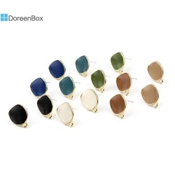 Doreen Box Fashion Ear Post Stud Earrings Findings Irregular Gold Color Green Round Enamel Handmade DIY Jewelry 15x12mm, 2Pairs