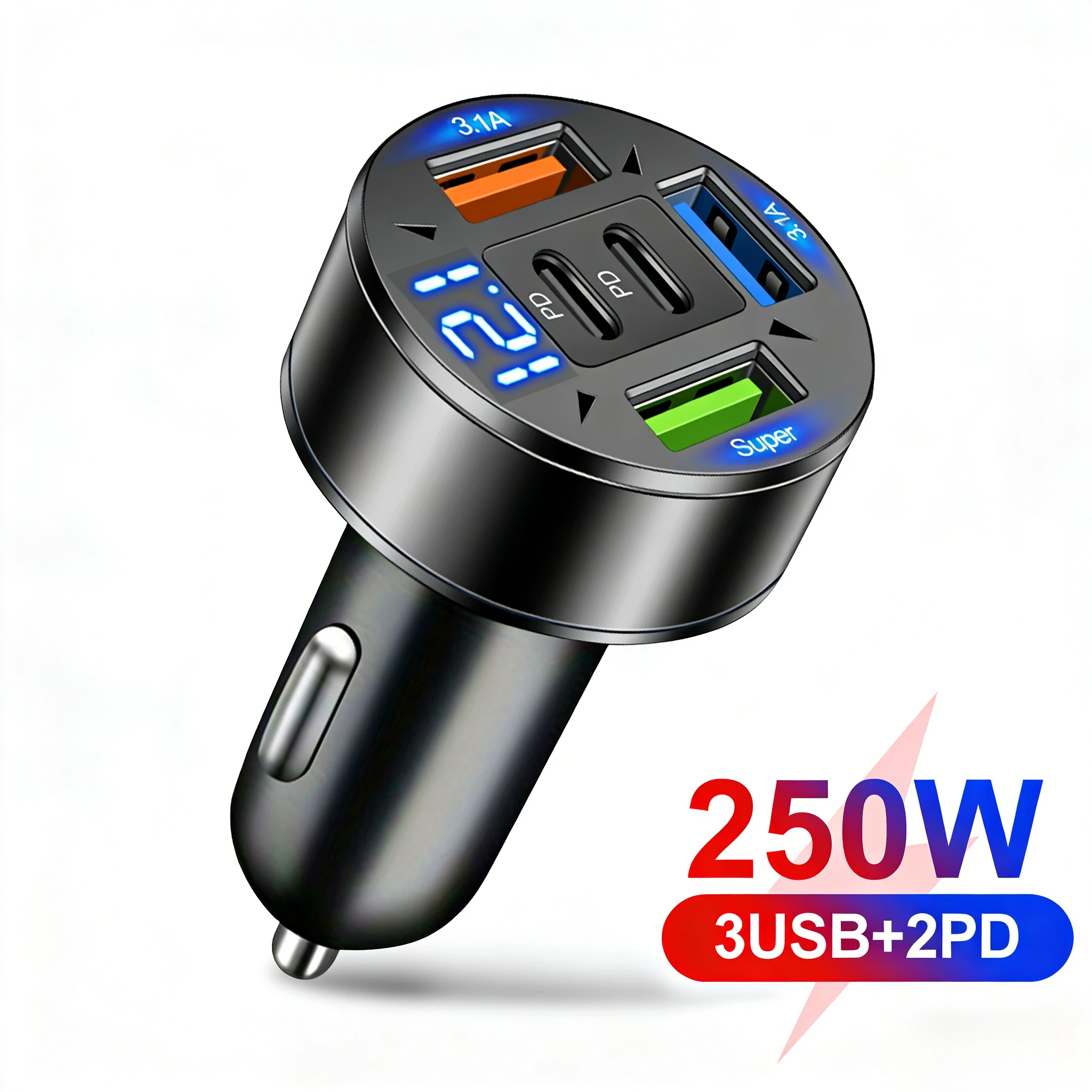 250W 5-in-1 PD QC3.0 Autoladegerät Schnellladung USB-C für iPhone, Samsung Galaxy, iPad Pro, Multi-Port Zigarettenanzünder-Adapter