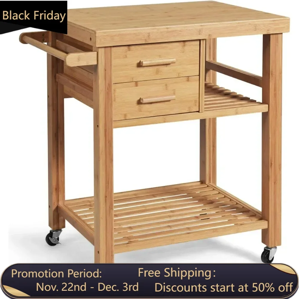 Kitchen Island, Bamboo Island Cart, Kitchen Trolley Cart on Wheels, Rolling Kitchen Cart, Drawers, Towel Rack, Casters with Lock