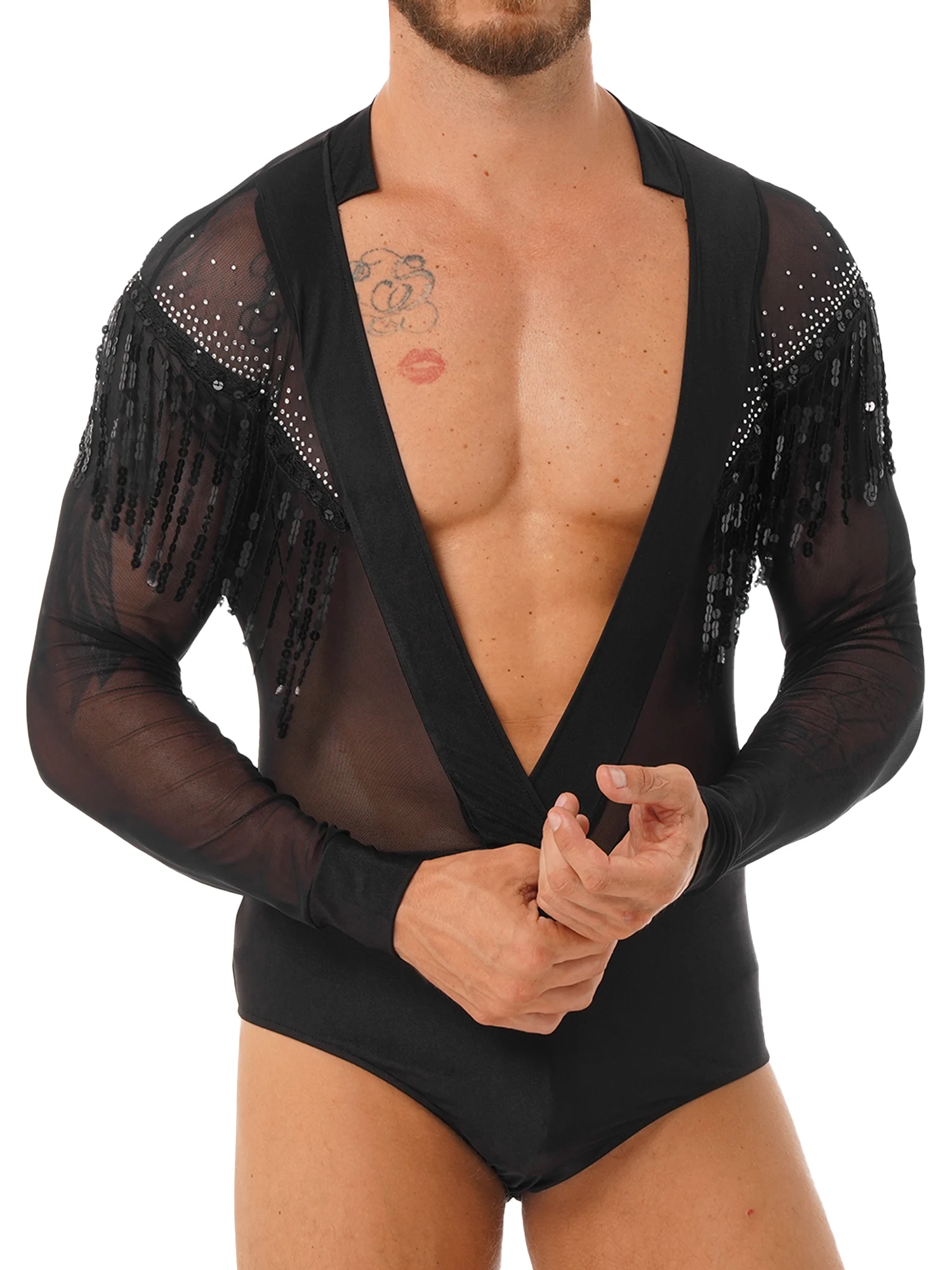 Mens Deep V Sheer Mesh Bodysuit Ballroom Latin Dance Performance Costume Shiny Rhinestone Sequin Tassel Leotard Dancewear