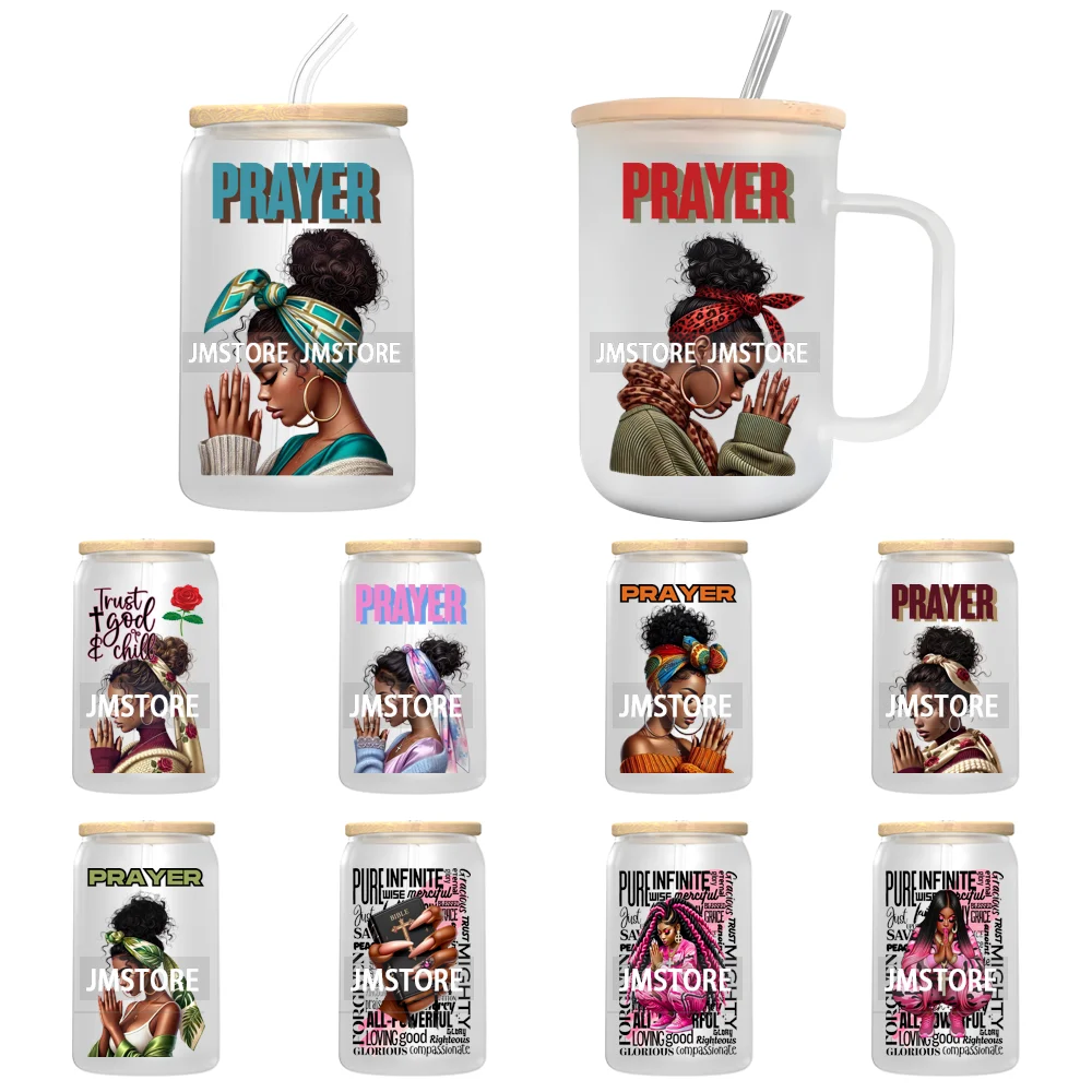 Afro Black Girl Praying God Jesus Faith UV DTF Cup Decals Ready To Apply High Quality Stickers For Libbey Cold Cups Mugs Bottle