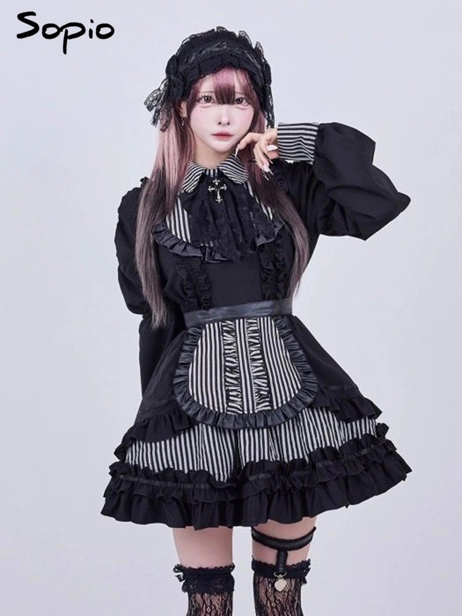 

Японское платье в стиле джираи-кей для женщин, весеннее, с длинным рукавом, в полоску, с оборками, в стиле милой Лолиты, готическое, темное, кавайное, милое, короткое платье 2026