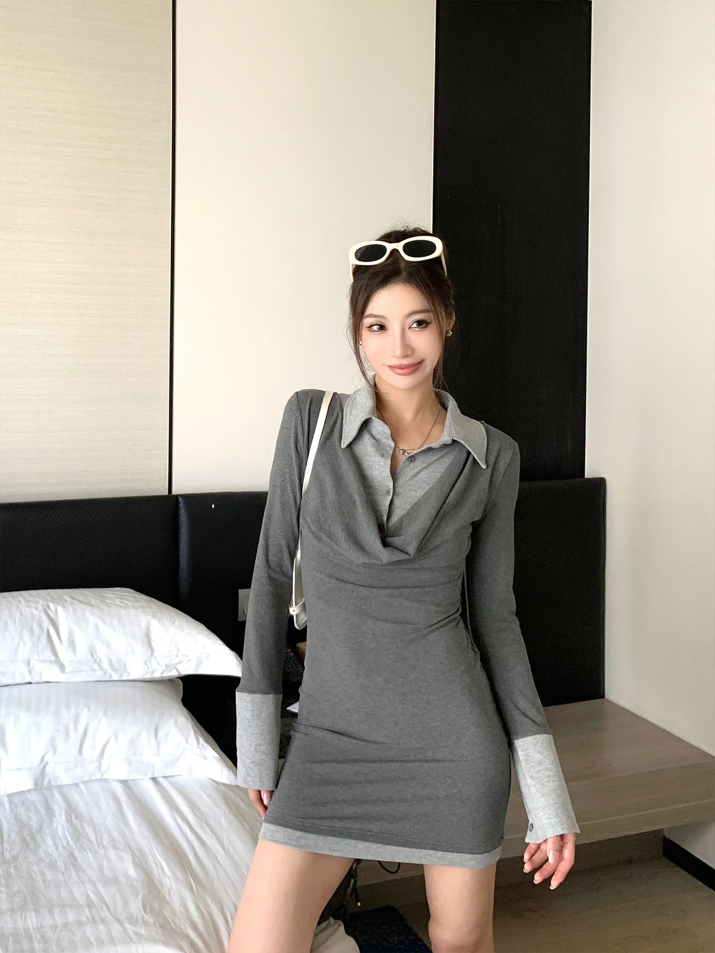 

Женское платье GV mat College с воротником, приталенное, с длинным рукавом, для ранней осени, в стиле Color Block, версия H