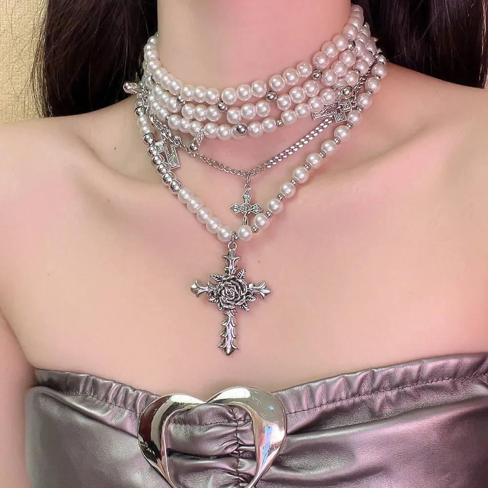French Vintage Design Floral Cross Faux Pearl Stacking Necklace for Women Y2k Niche Holiday Party Punk Style Jewelry Accessories