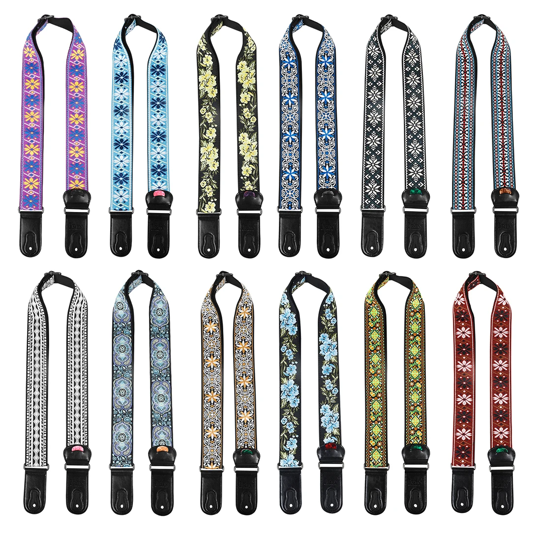 Guitar Strap Bass Cotton Leather Embroidery Straps Adjustable Neck Strap With Pick Electric Acoustic Guitar Bass Accessories