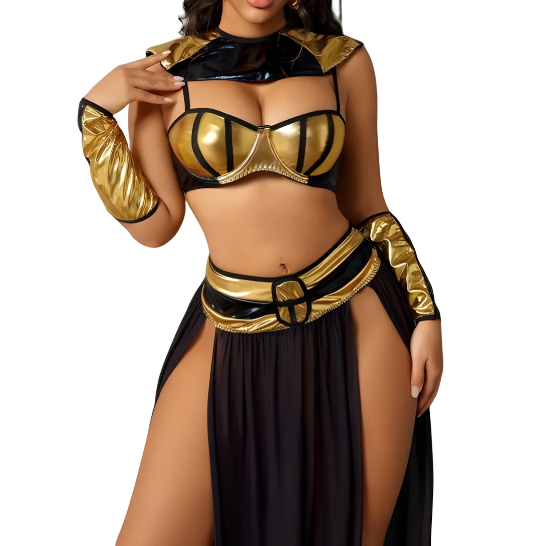 

Women's Oriental Indian Belly Dance Performance Costume with Front Sequin Hem Crop Top And Built-In Briefs Side Slit Skirt