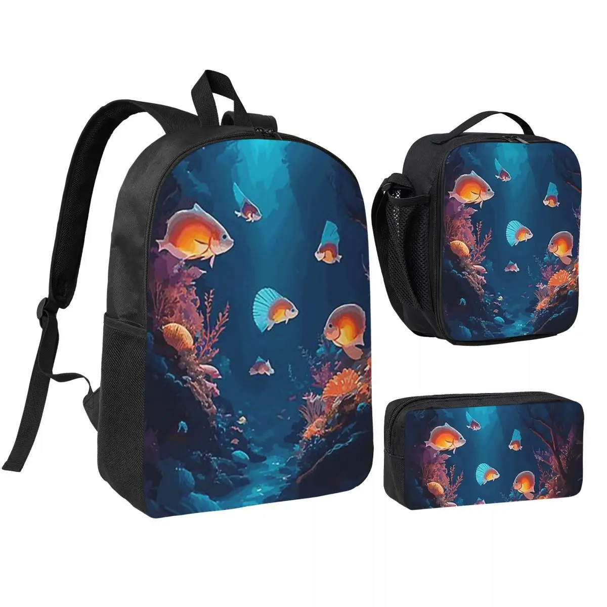 

Underwater World Tropical Fish Backpack Student BookBag School Bag Shoulder Bags 3ps Insulated Lunch Bag Pencil Case