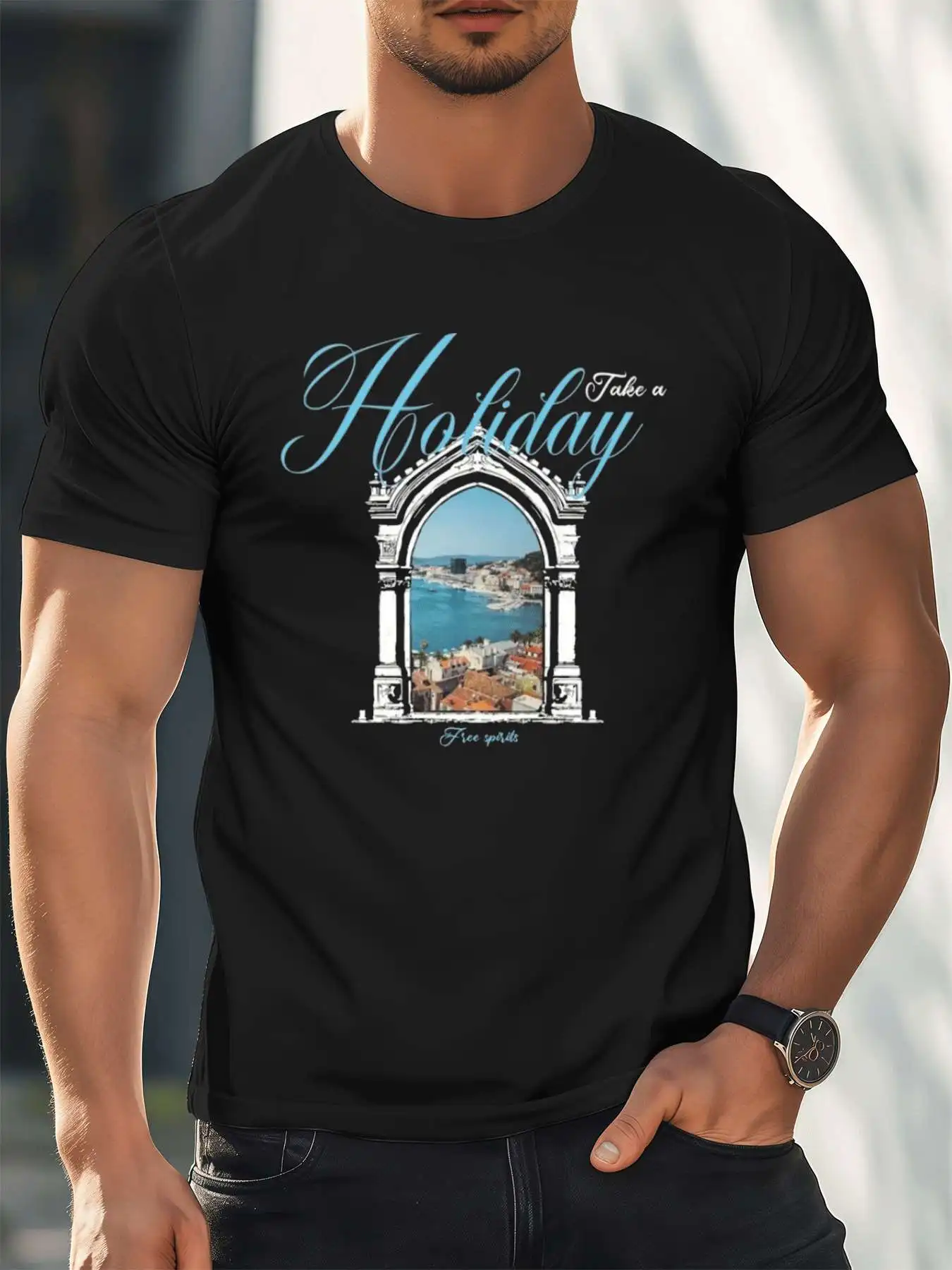

Holiday Vocation Graphic Tee Men's 220gsm New Summer Casual Crew Neck Pure Cotton Short-Sleeved T-Shirt