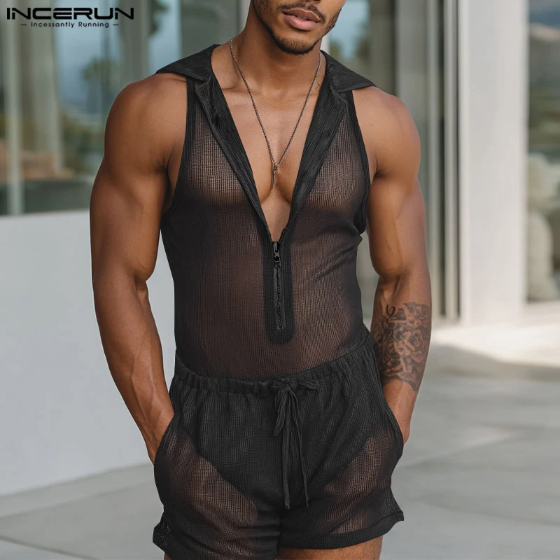 INCERUN Bodysuit Pria Romper Solid Berkerudung Seksi Transparan Jaring Pria Tanpa Lengan Ritsleting Tali Serut Fashion Playsuit Pria Bodysuit